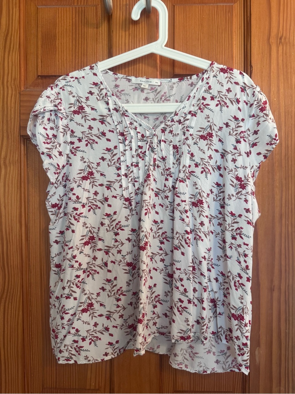fun 2 fun White Blouse with Burgundy Floral Print